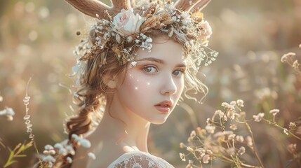 Whimsical Beauty with Delicate Deer Headband and Flowers