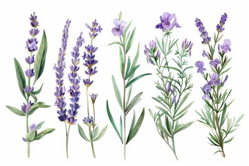 Delicate lavender bouquets, wildflowers and foliage, vintage watercolor illustration