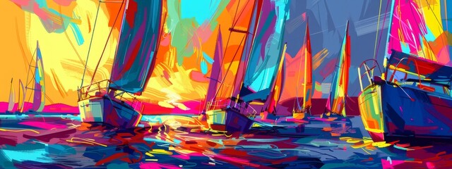 An elegant yacht amidst a vibrant regatta, with colorful sails creating a dynamic backdrop as the yachts race through the water. - obrazy, fototapety, plakaty