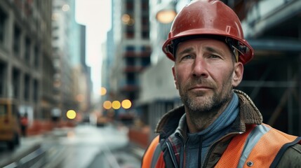 Male worker standing on the city background