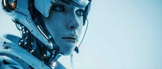 Future Robot Innovations: Closeup of a Female Humanoid Android with Advanced Operating System in Blue Tones. Concept Robotics, Technology, Humanoid Android, Advanced Operating System, Blue Tones - obrazy, fototapety, plakaty