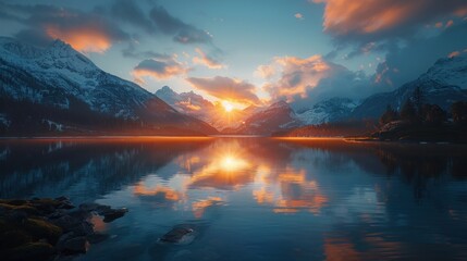 Beautiful view of a tranquil river with a rocky shore surrounded by mountains at sunset with sunlight shining on solar panels with twilight. - obrazy, fototapety, plakaty