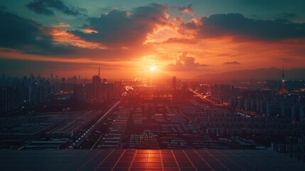 Evening city view at sunset With the sun shining on the solar panels and the city at dusk.