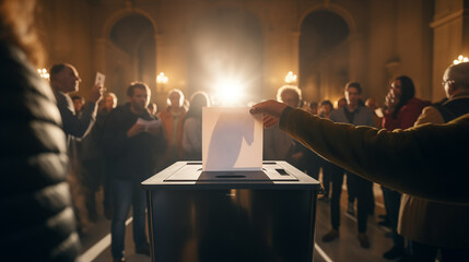 Elevated Perspective of a Voter Casting a Ballot in a Crowded Hall Generative AI - obrazy, fototapety, plakaty