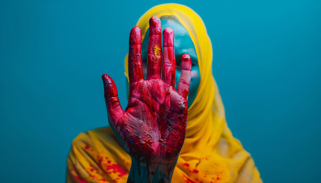 Person with a yellow headscarf and red paint on hand against a blue background, artistic and vibrant, concept for the International Day of Zero Tolerance to Female Genital Mutilation