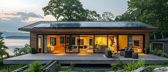 Sustainable Living: Eco-Friendly Smart Home in Hudson Island with Solar Power and Modern Technology. Concept Sustainable Living, Eco-Friendly Smart Home, Hudson Island, Solar Power, Modern Technology - obrazy, fototapety, plakaty