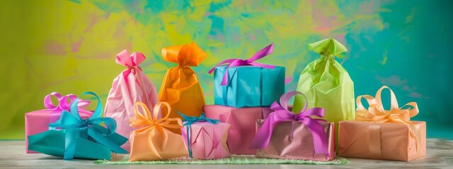 An assortment of colorful gifts in various sizes and designs against a bright backdrop, offering a visual feast of gifting options.
