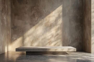 Empty studio room with brown cement wall, light and shadow effect, concrete tabletop for product presentation, 3D rendering
