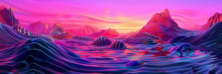 A dynamic 3D psychedelic scene where vivid, fluorescent waves ebb and flow in an endless sea of trippy patterns and optical illusions - obrazy, fototapety, plakaty