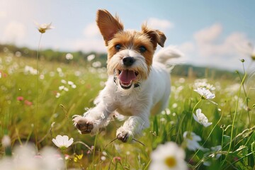 Energetic dog leaping joyfully in a flower meadow, pet happiness and vitality, animal photography