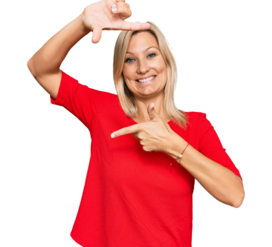 Middle age caucasian woman wearing casual clothes smiling making frame with hands and fingers with happy face. creativity and photography concept.
