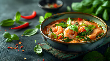 Spicy Tom Yum Soup with shrimp and various ingredients on a black table. Thai Food