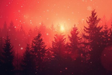 Fototapeta na wymiar Festive red Christmas background with winter forest, holiday season wallpaper