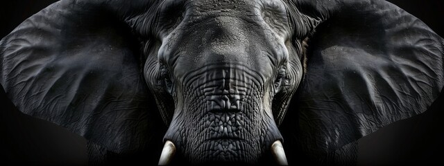 Close up elephant on gray background, wide horizontal panoramic banner with copy space, or web site header with empty area for text.