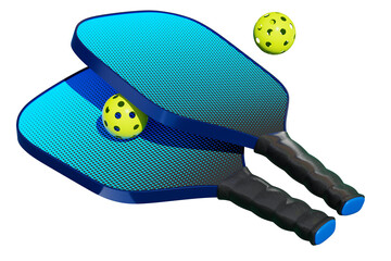 pickleball rackets and balls on transparent background - 3d illustration