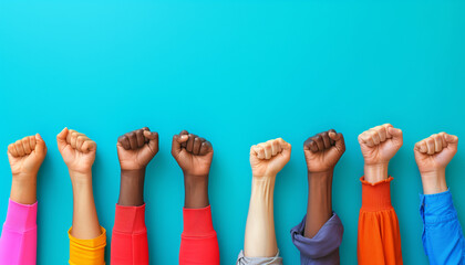 Fototapeta premium Diverse hands raised in unity against a bright blue background, concept for the Week of Solidarity with the Peoples Struggling against Racism and Racial Discrimination