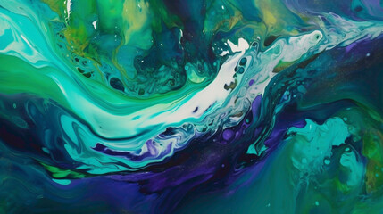 Ultraviolet Euphoria. Euphoric waves of ultraviolet energy blending with jade green tranquility, forming a liquid abstract canvas captured with the utmost HD clarity. - obrazy, fototapety, plakaty