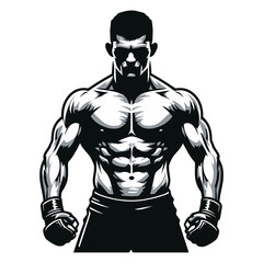 Fototapeta premium Man mixed martial arts athlete half body design illustration, MMA sport fighter, octagon combat, kicking strike, punching with fist. vector template isolated on white background