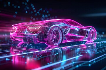 Futuristic electric sports car, holographic wireframe, digital technology background, 3D illustration