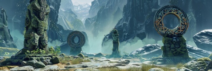 A shamanic 3D environment, where natural landscapes transform into spiritual totems and sacred patterns, reflecting the deep connection between nature and the shamanic journey - obrazy, fototapety, plakaty