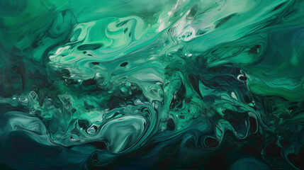 Jade Green Reverie. Waves of jade green dreams mingling with ultraviolet fantasies, painting a surreal abstract canvas captured in stunning HD detail. - obrazy, fototapety, plakaty