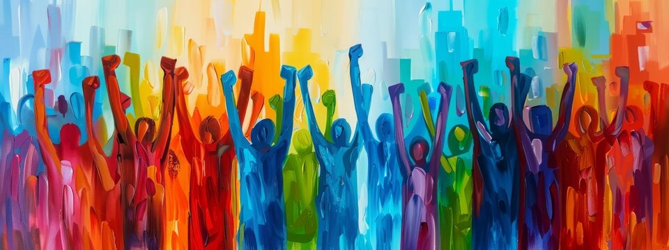 A diverse group of individuals standing in solidarity with their fists raised, set against the backdrop of a vibrant, bustling city.