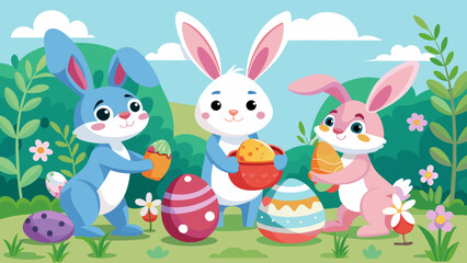Obraz na płótnie Canvas easter-bunnies-play-with-eggs