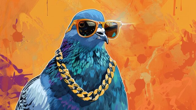 Stylish blue pigeon wearing sunglasses and a massive gold chain, perfect for a cover or poster design.