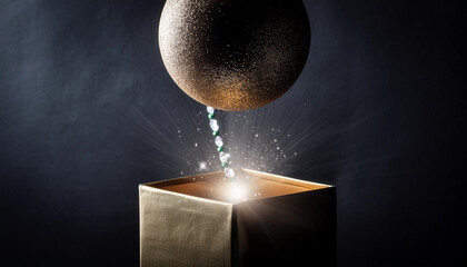 illustration d'une boule dorée en apesanteur au dessus d'une boite cadeau sur un fond noir