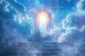 Heavenly stairway leading to glowing gates of Paradise, spiritual ascension concept illustration - obrazy, fototapety, plakaty
