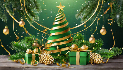 illustration d'un sapin de Noël moderne en vert et or at au pied des cadeaux branche de sapin et sapinette sur un fond vert en dégradé avec des décorations de Noël et des branches de sapin