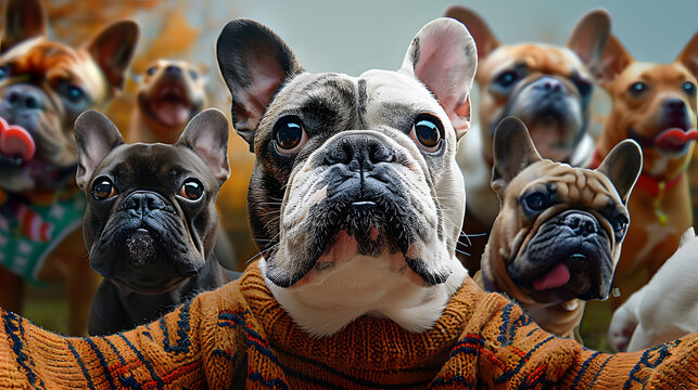 a french bulldog taking a selfie with other dogs on an isolated background