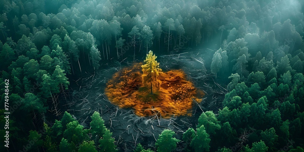 Poster aerial view showing deforestation and logging impact on the environment. concept deforestation, logg