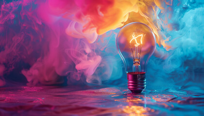 Illuminated light bulb with red and blue smoke around it, symbolizing creativity and inspiration, concept for the World Creativity and Innovation Day