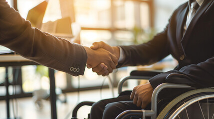 Inclusion: Job interview - Close up of two business people shaking hands, one in wheelchair....