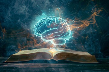 a book with a glowing brain coming out of it