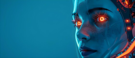 Closeup of a female humanoid android with advanced AI system showcasing innovative robotic technology in blue and orange tones. Concept Technology Demonstration, Futuristic Concept, AI Development