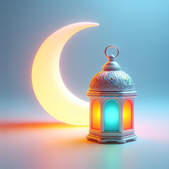 3d Ramadan lantern and crescent moon, islamic background for Ramadan mubarak, eid and Islamic Holiday celebration