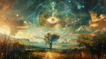 A surreal esoteric landscape, blending dreamlike visions with symbolic elements like the all-seeing eye, alchemical symbols, and ethereal energy patterns - obrazy, fototapety, plakaty