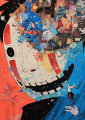 Whimsical and abstract representation of a face with a collage of fantastical elements. Cartoon art style. Concept of mental health, phobias and fears, inspiration, psychotherapy. Ad