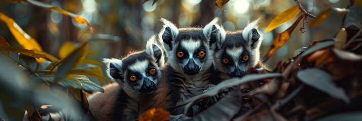 Naklejka premium Enchanting lemur family in moonlit madagascar rainforest photorealistic cinematic portrait