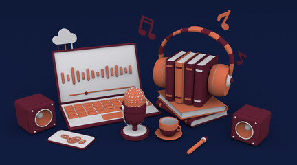 a stack of books and audio headphones, next to a sound recording tape 3d render cartoon on a blue isolated background