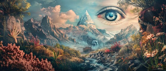 A surreal valley where each stone and plant is imbued with esoteric symbols, including the all-seeing eye watching over from the mountain peak, and streams of mystical energy flowing through the land. - obrazy, fototapety, plakaty
