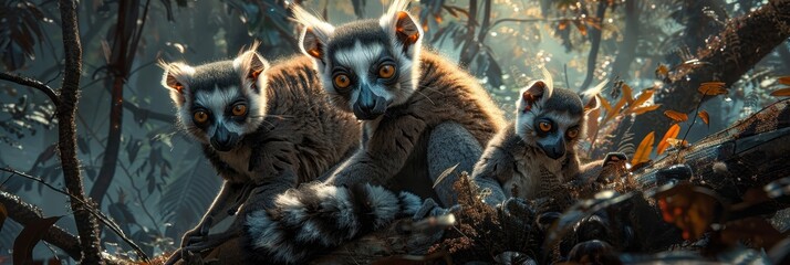 Fototapeta premium Inquisitive lemur family in madagascar rainforest, cinematic moonlit shot in scenic beauty