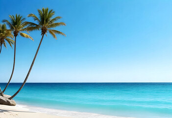 tropical beach with palm trees, blue water, blue sky, and white sands