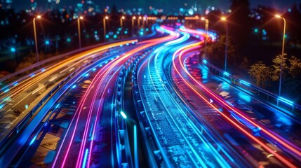 Fototapeta na wymiar A long exposure photograph of a highway with streaks from cars, AI