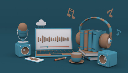stack of books and audio headphones,near a laptop concept of listening to audiobooks 3d render cartoon on blue beige theme on isolated background