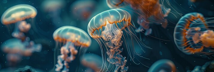 Ethereal jellyfish ballet in ocean depths, photorealistic shot with stunning light effects - obrazy, fototapety, plakaty