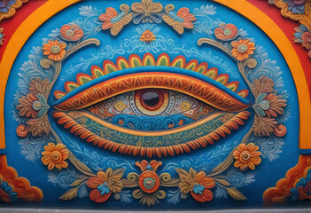 a colorful wall with an eye painted on it