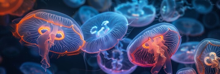 Mesmerizing luminescent jellyfish ballet in ocean depths, photorealistic cinematic detail